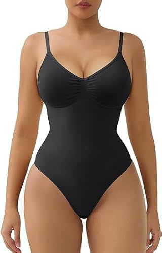 Ovnshery Shapewear Damen Body Shaper Damen mit Verstellbarer Schultergurt, Bodysuit Damen Fajas Colombianas Bauchkontrolle Nahtlos (Tanga - Schwarz, L)