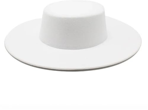 Pegsmio Damenhut, große breite Krempe, 10 cm, Fedora-Hut, Winter, Wolle, Hochzeit, Jazz, flache Oberseite, Filzhut, weiß, 6 7/8/7 1/8