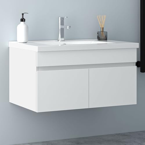 Biubiubath Badezimmer Badmöbel 80cm Keramik Waschtisch mit Unterschrank Hängeschrank Weiß Matt Badezimmerschränke Badschrank mit 2 Soft-Close Türen