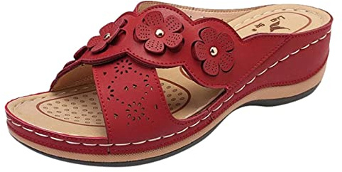 Lazzboy Damen Slippers Blumen Keilabsatz Outdoor Hausschuhe Freizeitschuhe Sandalen Sandaletten Mit Plateau Schuhe Sommer Pantoletten Strand Orthopädische Fussbett Slipper Slides (Rot,36)