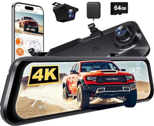 WOLFBOX G850 PRO 4K Mirror Dash Cam with ADAS and BSD, Smart Rear View Mirror with 5.8GHz WiFi, Voice Control, 12 inches Camera Includes 64GB Card, GPS, G-Sensor, Loop Recording