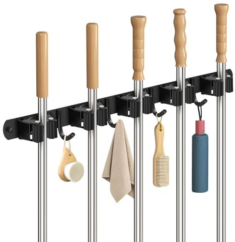 Sampoes Besenhalterung Wand, Besenhalter Edelstahl mit 5 Halter und 4 Haken, Gartengerätehalter Wandhalterung Besen Aufhängung, Besen Mop Halter für Badezimmer, Küche, Garage, Garten, Schwarz