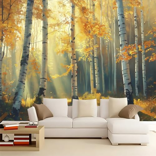 Papier Peint Peinture À L'Huile Forêt D'Automne Panoramique 3D, Jaune Clair Décoration murale moderne pour Salon Chambre à Coucher Intérieure Papier peint intissé 350 x 256 cm Poster Murales