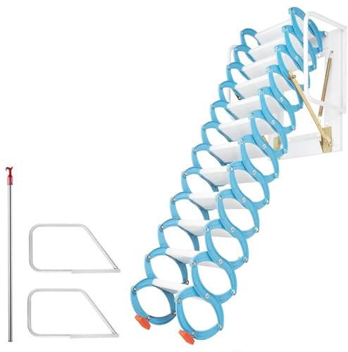 HJDSUDU Pull Down Attic Ladder, 12 Steps Folding Retractable Loft Ladder with Armrests, Wall-Mounted Scissor Attic Ladder for Garages Roofs Basements, Load Capacity 882lbs (Blue)