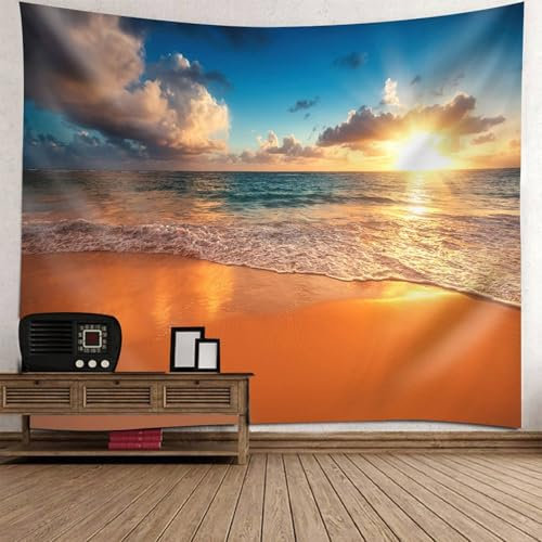 Musihy Meer-Landschaft Wandteppich | Polyester Meer Strand Sonnenaufgang Landschaft Wandbehang Dekoration für Wohnzimmer Schlafzimmer & Schlafsaal | Orange Blau, 260x240cm