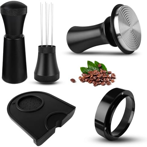 Coffee Accessories Set, with Coffee Tamper 53.3mm, WDT Tool Espresso, 54mm Dosing Funnel, Tamper Mat, 100% Flat Stainless Steel Base Spring-Loaded Tamper for Espresso Coffee Machine, Black(53.3mm)