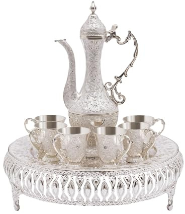 RjcdOPL Europäisches Teeservice im Vintage-Stil, aus Metall, Set mit 6 Tassen und Teekanne mit Tablett, für Zuhause, Büro, Geschenk für Hochzeit, Umzug (Silber)