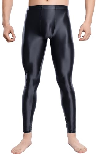 FEOYA Herren Glänzend Strumpfhose Glossy Glanz Yoga Sport Leggings Nylon Unterhose Öl Socken Kompressionshose Stretch Fein Strumpfhosen Tights Schwarz XXL