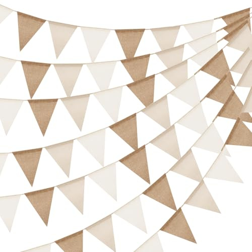 jijAcraft Bandierine per esterni beige marrone: ghirlanda resistente alle intemperie, 20 m, riutilizzabile per giardino, ghirlanda di juta con 60 bandierine per campeggio, 5 bandierine decorative per