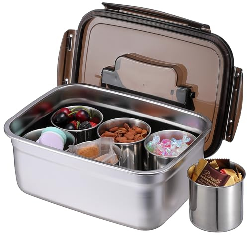 SUMNACON 1 Pc Stainless Steel Snack Tray with 6 Round Removable Compartments, Divided Food Fruit Serving Tray Snack Platter Container with Lid and Handle for Party Picnic