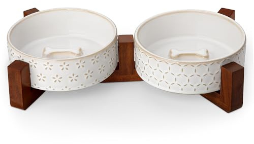 MALACASA Dog Bowl Set with Walnut Wood Stand, 1.5 Cups Ceramic Pet Bowls for Puppy Dogs, Dual Food and Water Bowls with Non-Slip Base, Basic Bowls for Your Dog or Cat, Five-Leaf Grass & Honeycomb