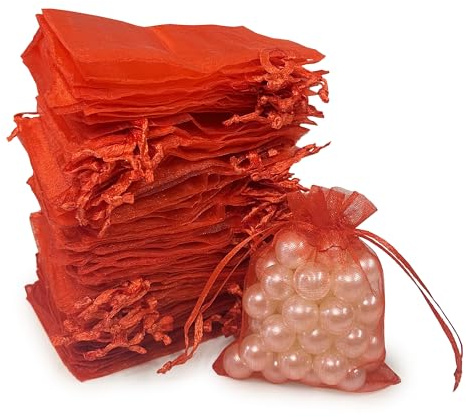 SIAGCRAW 100 rote Organza-Beutel, 7,1 x 9,1 cm, kleine Netzbeutel mit Kordelzug, durchsichtige Geschenkbeutel für Schmuck, Süßigkeiten, Hochzeit, Party, Gastgeschenk, kleine Geschenke