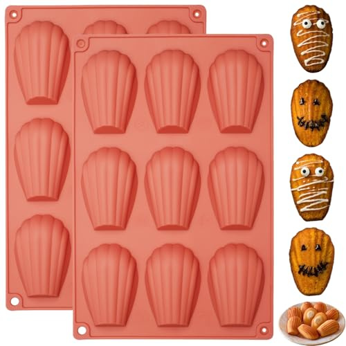 Vrthske 2PCS Silicone Madeleine Pan, 9 Cavity Non-Stick Madeleine Baking Molds, 3D Shell Shaped Cake Mold for Baking, Chocolate, Candy, Cookie, Dessert, BPA Free, Dishwasher Safe