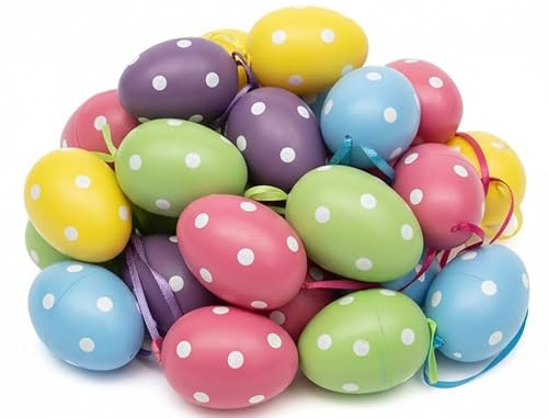 khevga 60er Set Ostereier mit Punkten – 60 Stück zum Aufhängen – Bunte Osterdeko für Zweige, Fenster & Garten by
