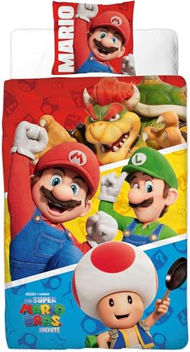 Super Mario Bros Movie, Parure de Lit Enfant, Lit 1 Place Housse de Couette Réversible 140x200 cm et Taie d'oreiller 63x63 cm, Thème Gaming, Textile Certifié Oeko TEX