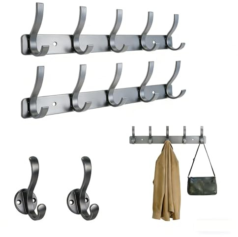 msymsyu Garderobenleiste 32cm Hakenleiste 2er mit 2 Einzeln Kleiderhaken | Alu, Wasser und Rostbeständigen, Grau Kleiderhaken Wand, für Flur, Schlafzimmer, Ankleidezimmer, Hüte, Schals, Bademäntel