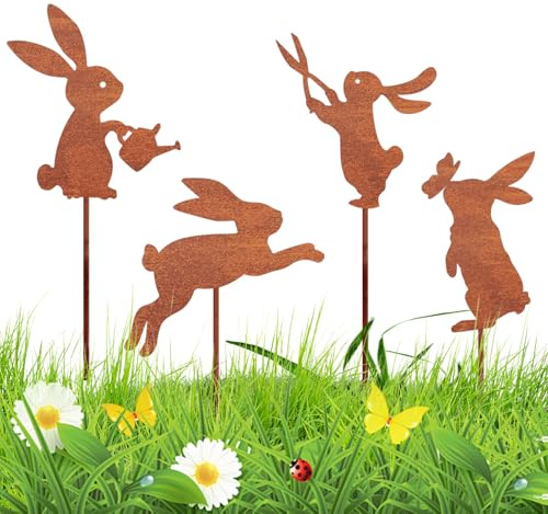 Herbst 4er Osterdeko für Draußen, Rost Deko Kaninchen Gartendeko Wetterfest Frühlingsdeko Ostern, Osterhase Gartenstecker für Garten Balkon Bauernhof