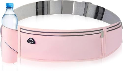 Laufgürtel Handy für Herren Damen, Bauchtasche mit Flaschenhalter, Laufgürtel Jogging, Trinkgürtel Laufen, Reflektierende Sport Hüfttasche mit Vielen Taschen zum Laufen Radfahren Fitness(Rosa)
