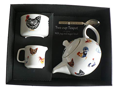 Chickens Teapot, Milk jug and sugar bowl in gift set - Porcelain teapot, with matching milk & sugar in gift boxed package