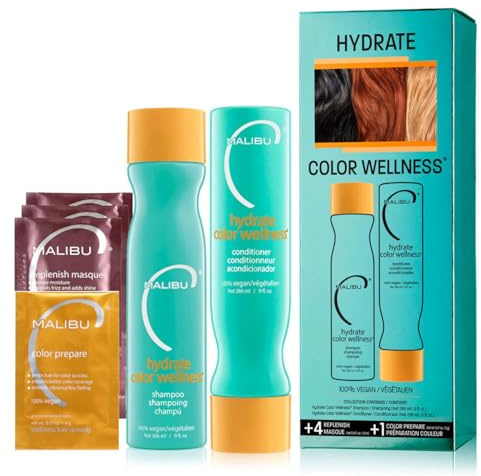 Malibu C Hydrate Color Wellness Collection (schampo 266 ml + balsam 266 ml + färglåsmask 4 x 5 g + färgförbered mask 1 x 5G), 100% vegan