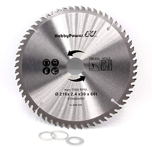 Kreissägeblatt Sägeblatt Hartmetall für Holz Tischkreissäge Kappsäge Gehrungssäge 216 x 30 mm 60 Z Zähne + 3 Reduzierringe auf 24,4mm, 20mm und 16mm