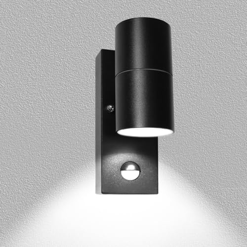 Wondlumi Outside Wall Lights PIR Motion Sensor Outdoor Lights Black 6000K | Mains Powered 240V IP44 for Porch Front Door, Incl. 1x 5W GU10 LED Bulb Cool White