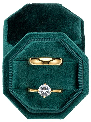 Pokofo Scatola porta anelli in velluto di alta qualità per proposta, fidanzamento, cerimonia nuziale - Espositore ottagonale equilatero vintage per due anelli con coperchio staccabile (Verde)
