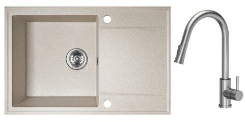 VBChome Spülbecken mit Armaturen 67x44 Beige Gesprenkelt Küchenspüle aus Granit Einbauspüle Abtropffläche Einzelbecken mit Siphon Fleckenbeständig Pflegeleicht Armaturen mit Ausziehbarer Wasserhahn