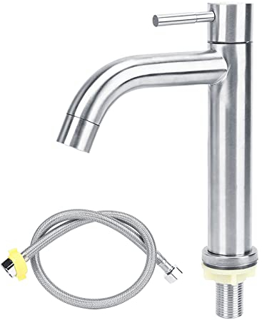 Grifo de Baño, Lavabo de Acero Inoxidable, Grifo de Agua Fría Individual, Grifo de Encimera de Una Sola Palanca con Manguera para Fregadero de Ropa