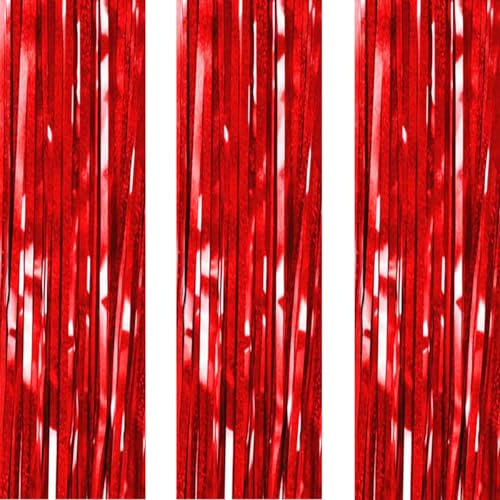 AILEXI 3er Pack Metallic Lametta Vorhänge Folie Fransen Schimmer Luftschlangen Vorhang Tür Fenster Dekoration für Geburtstag Hochzeitsfeier Lieferungen 1 * 2M - Laser Rot