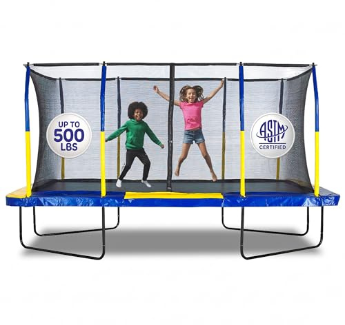 Upper Bounce 15 ft Rectangle Trampoline Set with Enclosure Net, Outdoor Backyard Recreational, Gymnastics Activity for Kids and Adults, High Weight Capacity 500 lbs, 9' x 15', Blue/Yellow