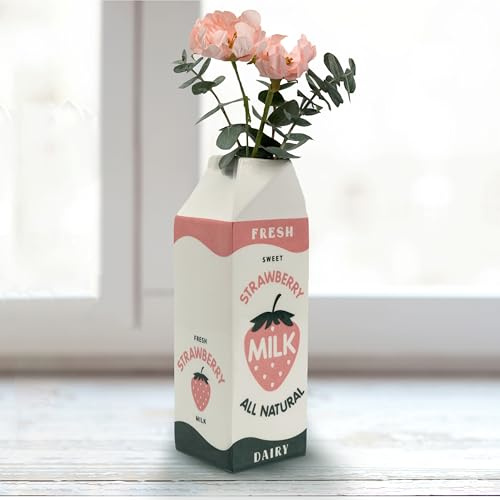 Bien Beau Vase en Carton de Lait – Céramique – Inspiration Vintage Kawai Style Fraise Décoration de Cuisine – Peint à la Main par –