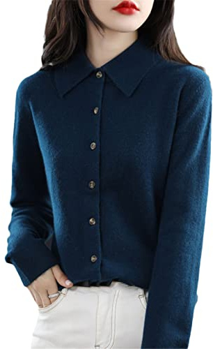 Damen Kaschmir Pullover Dünne Strickjacke 100% Merinowolle Top Casual Knit Einfarbig Mode Damen Jacke Algenblau L