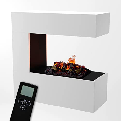 GLOW FIRE Schiller Opti Myst Cassette 500 Cheminée murale, avec pont en bois, cheminée électrique à vapeur d'eau 3D, avec télécommande, effet flamme réglable, blanche