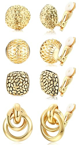 ORAZIO 4Pairs Clip On Earrings for Women Gold Silver Clip On Hoop Earrings Chunky Teardrop Clip Earrings Twist Round Clip On Stud Earrings No Piercing Fake Earrings Set,Gold