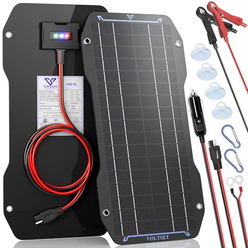 VOLTSET 10W 12V Solar Car Battery Trickle Charger & Maintainer Waterproof | High-Transparency ETFE | Built-In Charge Controller | LED Indicator | Reverse Protection | Car Plug & Clips | For Car, RV