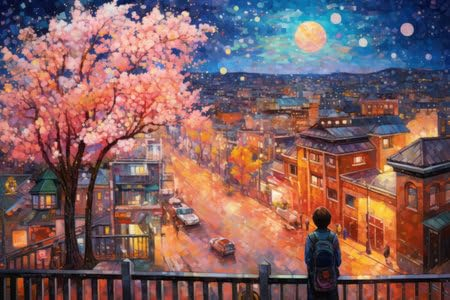 adrium Holz-Bild 140 x 90 cm: Illustration einer wunderschönen Stadt bei Nacht im Mosaik-Farbstil, erstellt mit generativer KI-Technologie. (204854583)