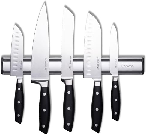 Linoroso 5-teiliges Küchen Messerset mit Wand Magnethalter – Hochlegiertem Edelstahl-Küchenmesser set: Kochmesser Santokumesser Brotmesser Allzweckmesser - Perfekt zum Schneiden, Hacken, Zerkleinern