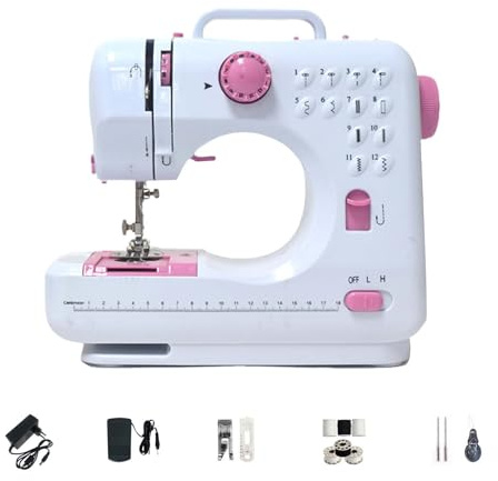Dekaim Nähmaschine, Mini elektrische Haushaltszweifadennähmaschine, 505A 12 Nadel, EU 220V, geeignet für Anfänger,rosa Knopf