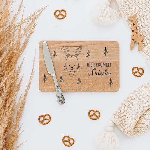 wunderwunsch - Personalisiertes Holzbrett mit präziser Gravur mit Messer für Kinder - Personalisiertes Frühstücksbrettchen - Niedliche Motiv-Brettchen mit Namen (Hase)