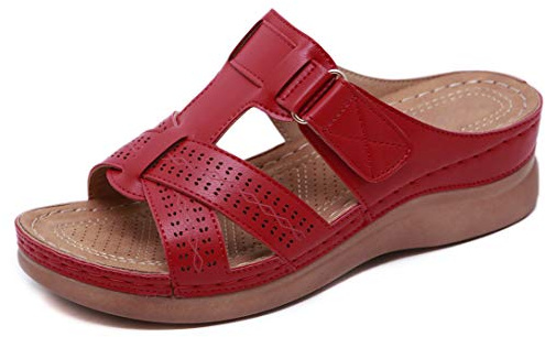 CELANDA Mules en Cuir pour Femme Sandales Mode Bout Ouvert Compensées Plateforme Pantoufles Premium Orthopédiques Sandales Vintage Chaussons de Plage d'été, Rouge,Taille:41 EU