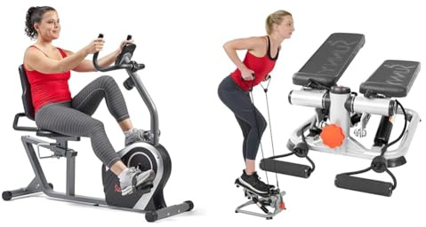Sunny Health & Fitness Advanced Mini Home Steppers with Resistance Bands - SF-S0978 + Magnetic Recumbent Bike, Stationary with LCD Monitor and Pulse Monitor, Cardio home Workout