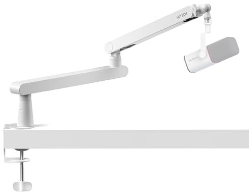 IXTECH Bras de microphone réglable rotatif à 360° - Bras de micro bas profil avec support universel entièrement réglable pour les professionnels - Compatible avec HyperX BlueYeti Shure Rode - Blanc