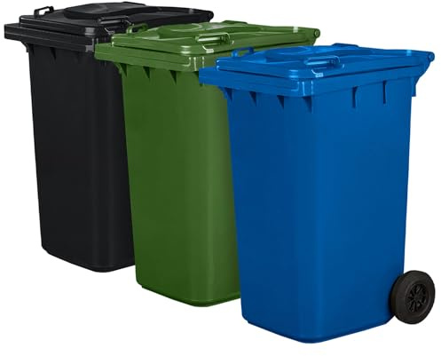 Juego de 3 cubos de basura para basura PN-EN 840, de 240 litros, con ruedas, sistema de enganche para extracción mecánica, de plástico, negro, verde, azul