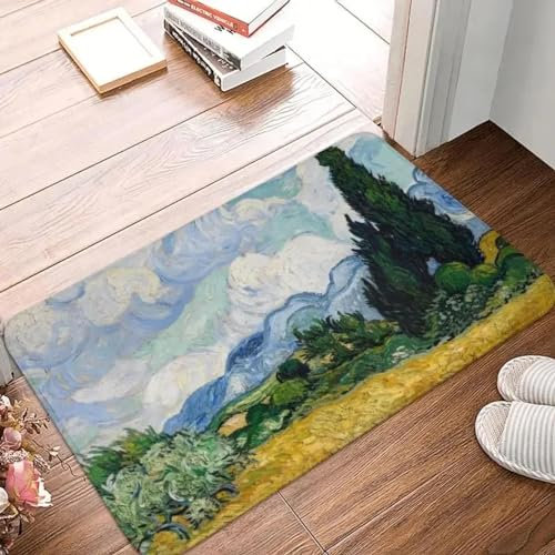 JGGXHM Weizenfeld mit Zypressen, Wohnzimmerteppich, Fußmatte, rutschfest, Vincent Van-Gogh, Badezimmer, Küche, Badteppich, 60 x 100 cm
