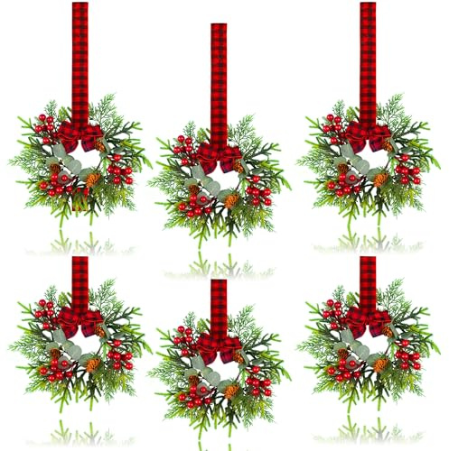 6 Pcs Small Christmas Wreath - Mini Wreaths with Red Berry Pine Eucalyptus Christmas Wreaths for Door Kitchen Cabinets Window Fireplaces Decor