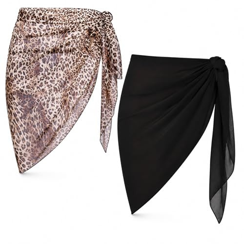 Ensemble 2 pièces pour femme, paréo, cache-maillot, jupe portefeuille, bikini (FR/ES, Alpha/lettres, Taille unique, Taille normale, Taille normale, A - Noir+Léopard)