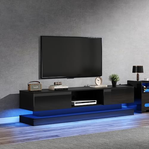 Lcoho Schwarzer Hochglanz-TV-Ständer mit LED-Beleuchtung, 2 Schubladen, Anwendungssteuerung, Anti-Kipp-Design, geeignet für 60-Zoll-Fernseher, TV-Schränke, TV-lowboard (Schwarz)