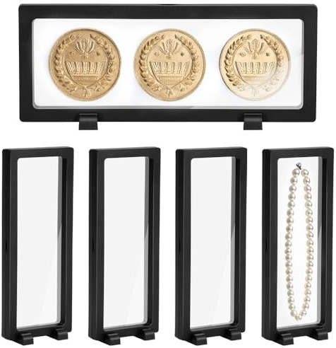 5PCS 3D Floating Display Case with 10PCS Bracket, Transparent Floating Frame, Display Holder Stands, Black Coins Display Frame for Antique Challenge Medallion, Jewelry, Shells, Fossils (230*90*20mm)
