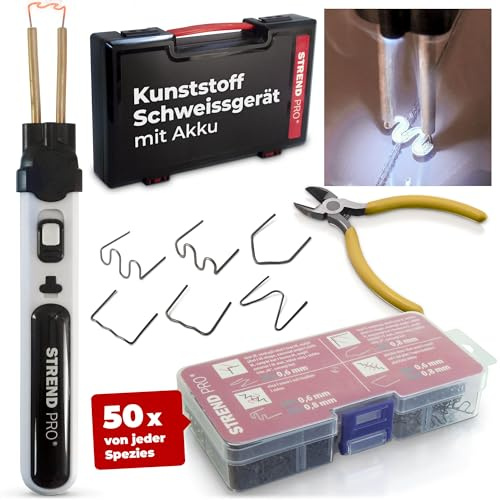 STREND PRO Kunststoff Schweißgerät Akku | Kunststoff Reparaturset mit 300PCS Heftklammern, Plastik Koffer | Akku Plastik Schweißgerät | Auto Kunststoff Reparatur - Stoßstange reparatur set
